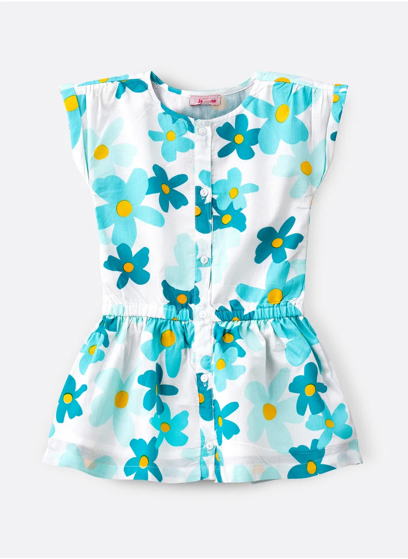 جيلين Aqua Floral Cotton Playsuit for Girls