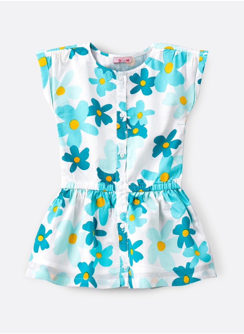 Jelliene Aqua Floral Cotton Playsuit for Girls  - Image 1