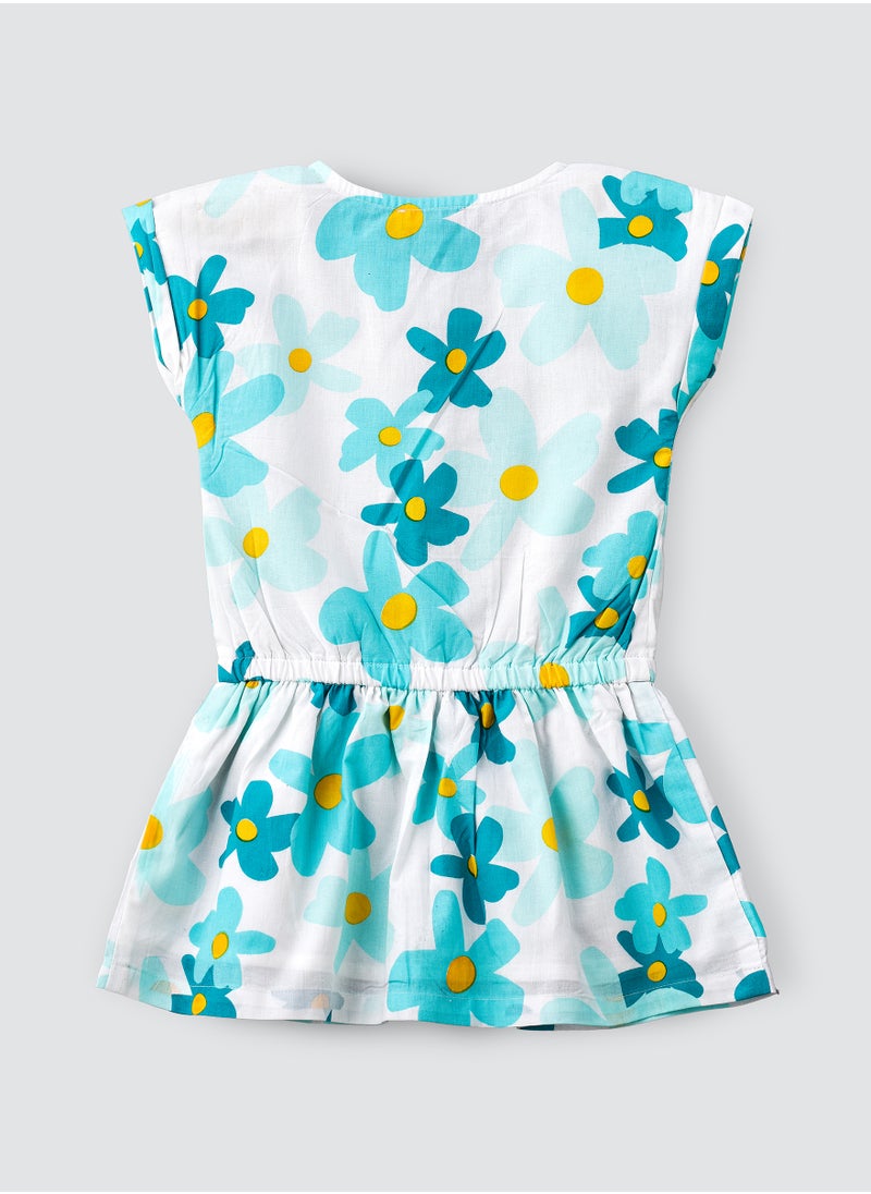 Jelliene Aqua Floral Cotton Playsuit for Girls  - Image 2