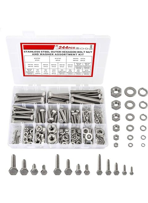M3 M4 M5 M6 M8 M10 Screws Bolts Nuts Lock and Flat Gasket Washers Assortment Kit, Stainless Steel Flat Hex Head Screws Bolts Nuts, Precise Metric Screws and Nuts Set, included Tool Box, 244 PCS