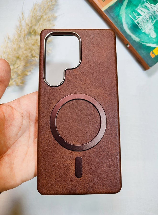 Leather Case CompatibleWith Phone Samsung Galaxy S25 Ultra, Supports MagSafe Wireless Charging, Shock-Resistant Cover, Made Of Premium Leather That Acquires A Natural Patina Over Time, Raised Camera Protector Protects The Lens Assembly, With Inner Lining, For Phone Samsung Galaxy S25 Ultra - Brown - Image 1