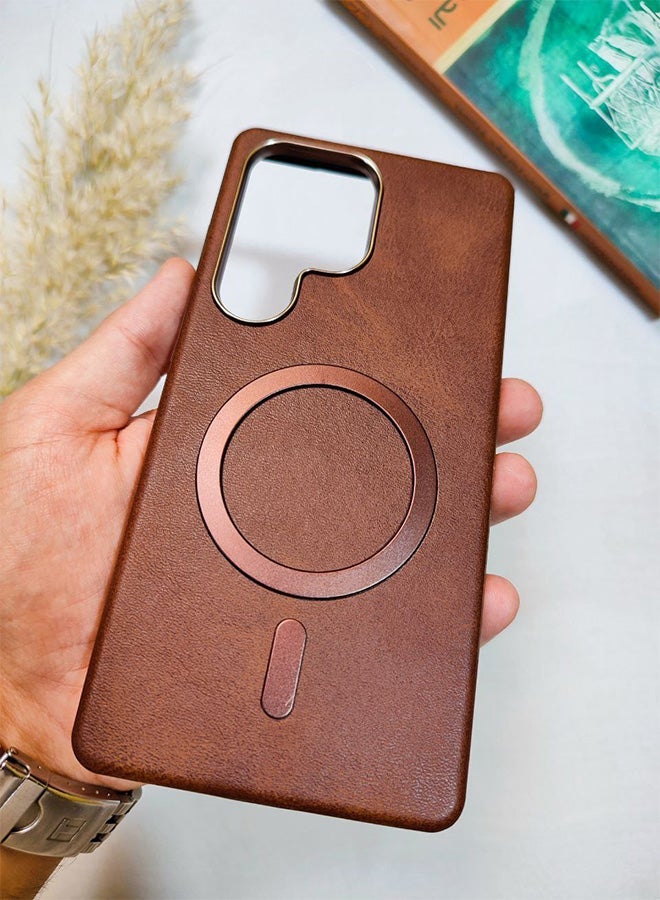 Leather Case CompatibleWith Phone Samsung Galaxy S25 Ultra, Supports MagSafe Wireless Charging, Shock-Resistant Cover, Made Of Premium Leather That Acquires A Natural Patina Over Time, Raised Camera Protector Protects The Lens Assembly, With Inner Lining, For Phone Samsung Galaxy S25 Ultra - Brown - Image 3