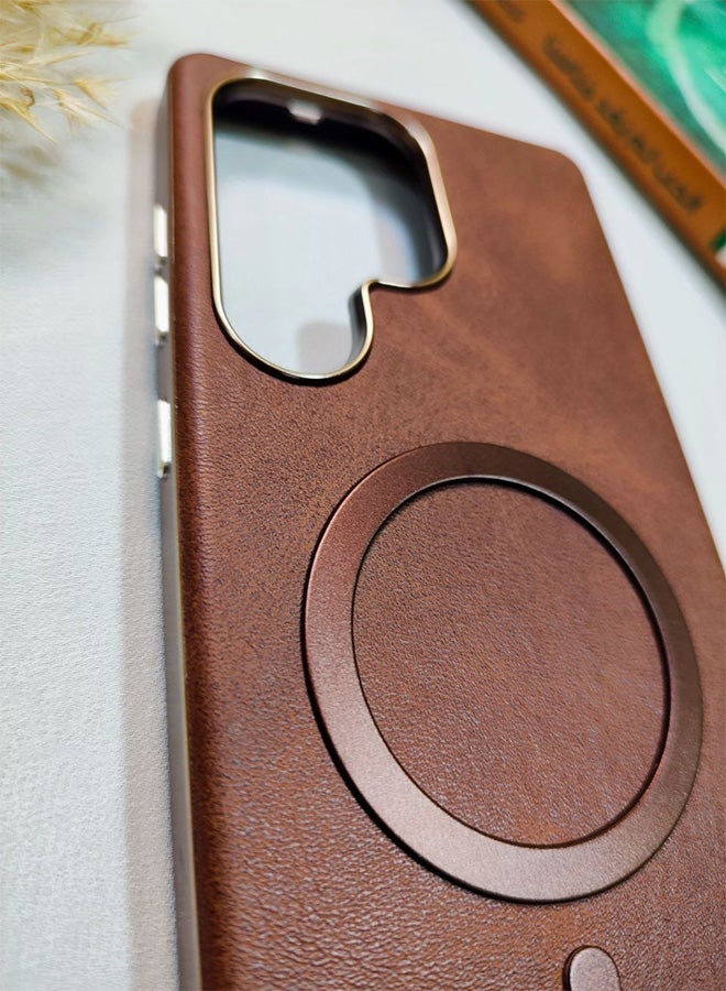 Leather Case CompatibleWith Phone Samsung Galaxy S25 Ultra, Supports MagSafe Wireless Charging, Shock-Resistant Cover, Made Of Premium Leather That Acquires A Natural Patina Over Time, Raised Camera Protector Protects The Lens Assembly, With Inner Lining, For Phone Samsung Galaxy S25 Ultra - Brown - Image 4