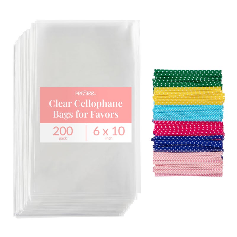 Prestee Prestee 200 Pack Clear Cellophane Bags for Favors  Transparent Goodie Bags for Birthday Party 6x10 Inch Clear Bags with 4Inch Twist Ties  Candy Treat Cookie Bags for Gift Giving