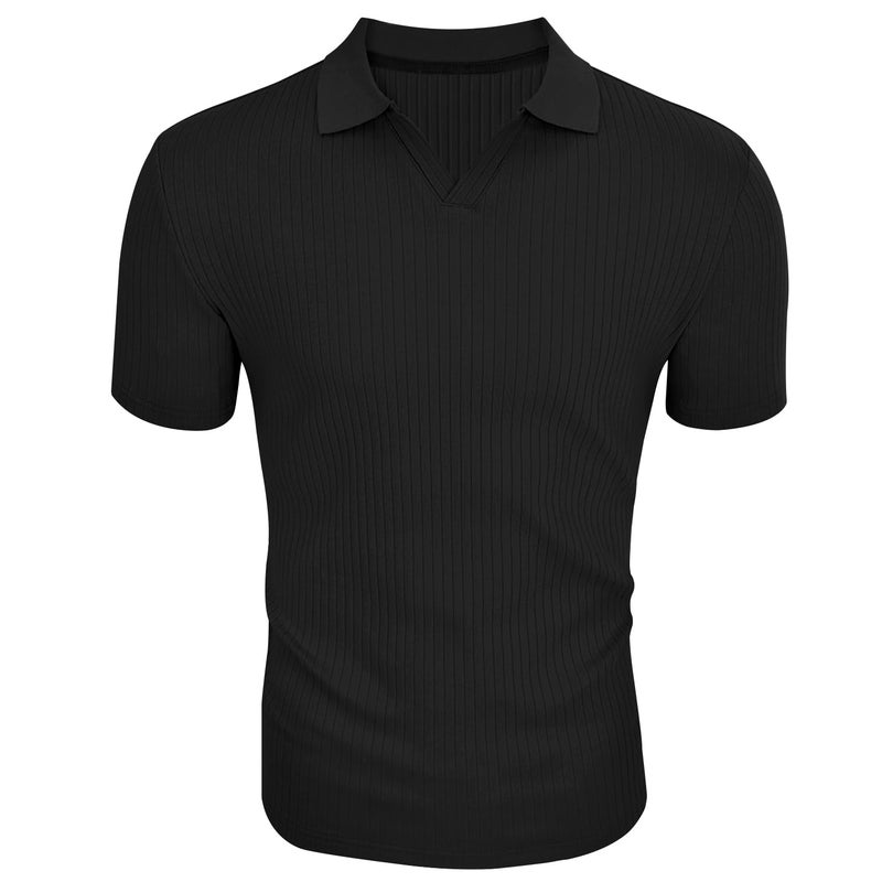 Gnvviwl Men's Muscle V Neck Polo Shirts Slim Fit Short Sleeve Cotton Golf T-Shirts Ribbed Knit Soft Tees Black - Image 2