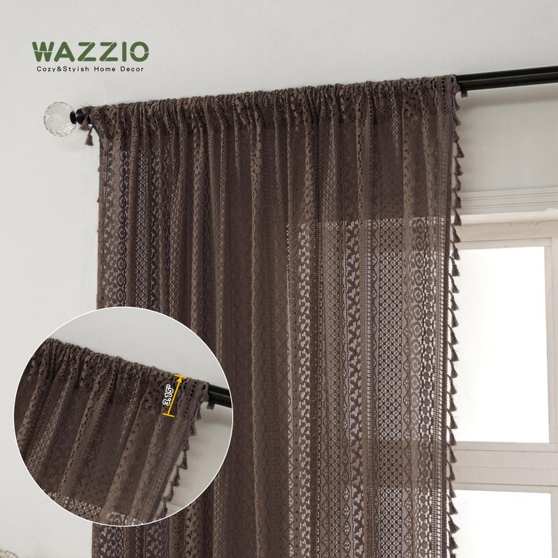 WAZZIO Boho Lace Curtains 84 Inches 2 Panel,Light Filtering Privacy Tassel & Geometry Crochet Semi Sheer Curtain Drapes for Bedroom Living Dining Room,Rod Pocket & Tassel,Chocolate Brown - Image 2