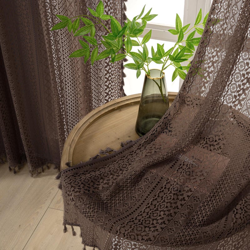 WAZZIO Boho Lace Curtains 84 Inches 2 Panel,Light Filtering Privacy Tassel & Geometry Crochet Semi Sheer Curtain Drapes for Bedroom Living Dining Room,Rod Pocket & Tassel,Chocolate Brown - Image 3
