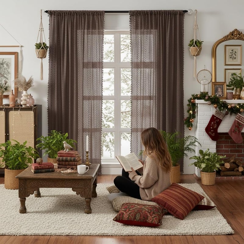 WAZZIO Boho Lace Curtains 84 Inches 2 Panel,Light Filtering Privacy Tassel & Geometry Crochet Semi Sheer Curtain Drapes for Bedroom Living Dining Room,Rod Pocket & Tassel,Chocolate Brown - Image 1