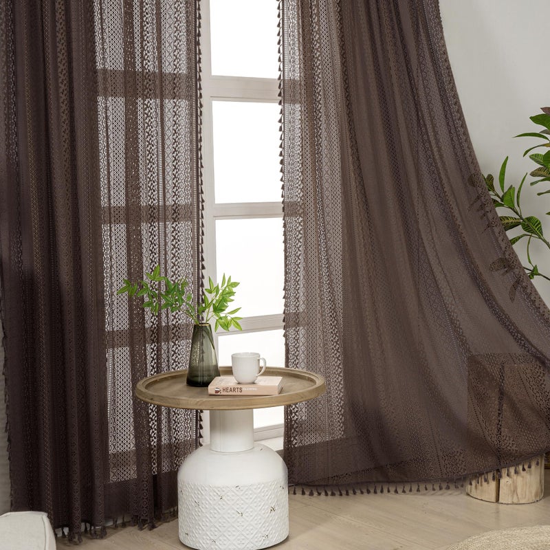 WAZZIO Boho Lace Curtains 84 Inches 2 Panel,Light Filtering Privacy Tassel & Geometry Crochet Semi Sheer Curtain Drapes for Bedroom Living Dining Room,Rod Pocket & Tassel,Chocolate Brown - Image 4