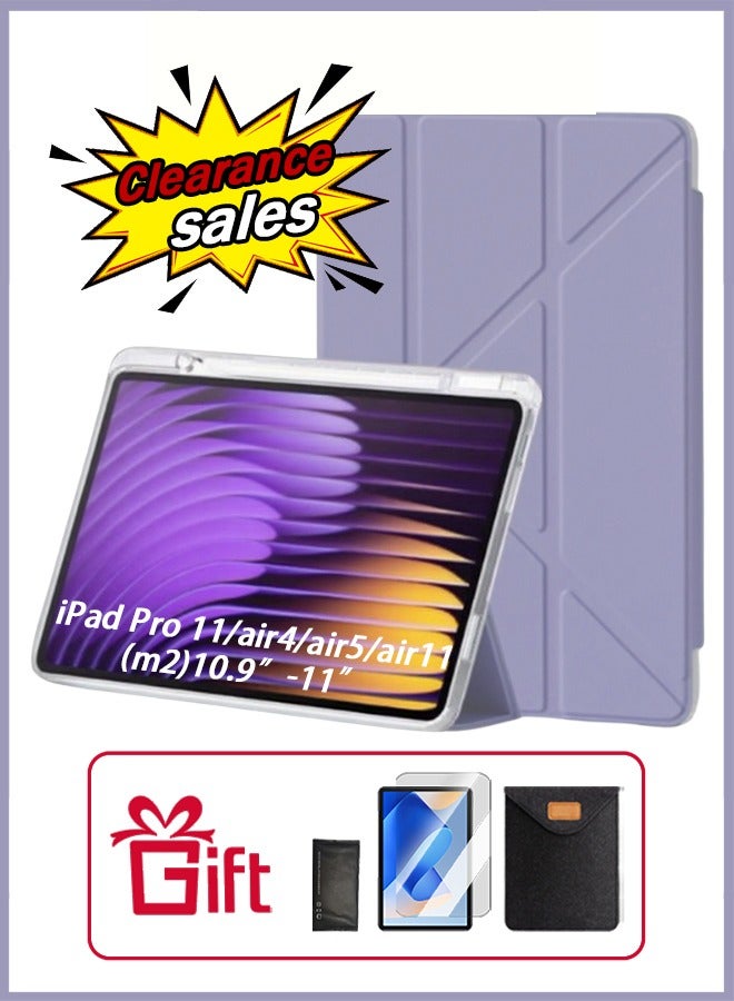 iPad Air 11 Inch (M2) Case & iPad Pro 11 Inch Cover (1st/2nd/3rd/4th Generation), iPad Cover With Pen Slot, Shockproof Y Folding Stand, Transparent Tpu Protective Case, Flip Cover Stand Smart Wake-Up/ Free Aed 23 Anti-Glare Protective Film - Purple - Image 1
