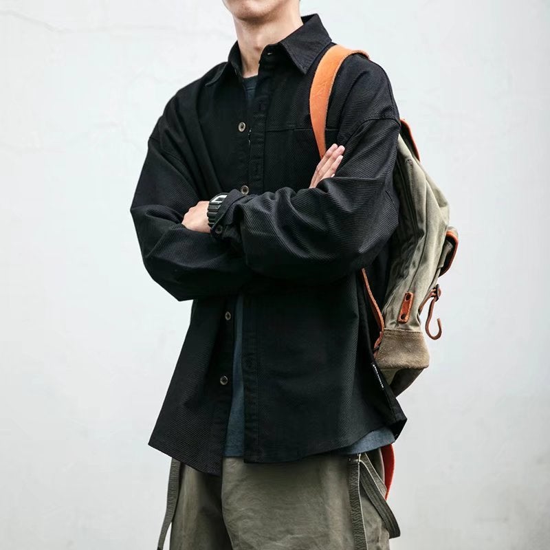 Retro Japanese Work Shirt Men Long Sleeve Casual Oversized Army Green  - Image 2