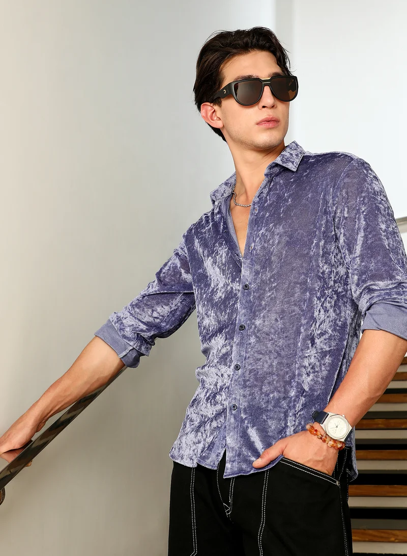 Campus Sutra Men's Cornflower Blue Solid Velvet Shirt | Velvet Textured Full Sleeve Spread Collar Solid Design | Premium Polyester Blend Woven Fabric For Club Wear & Semi-Formal Occasions