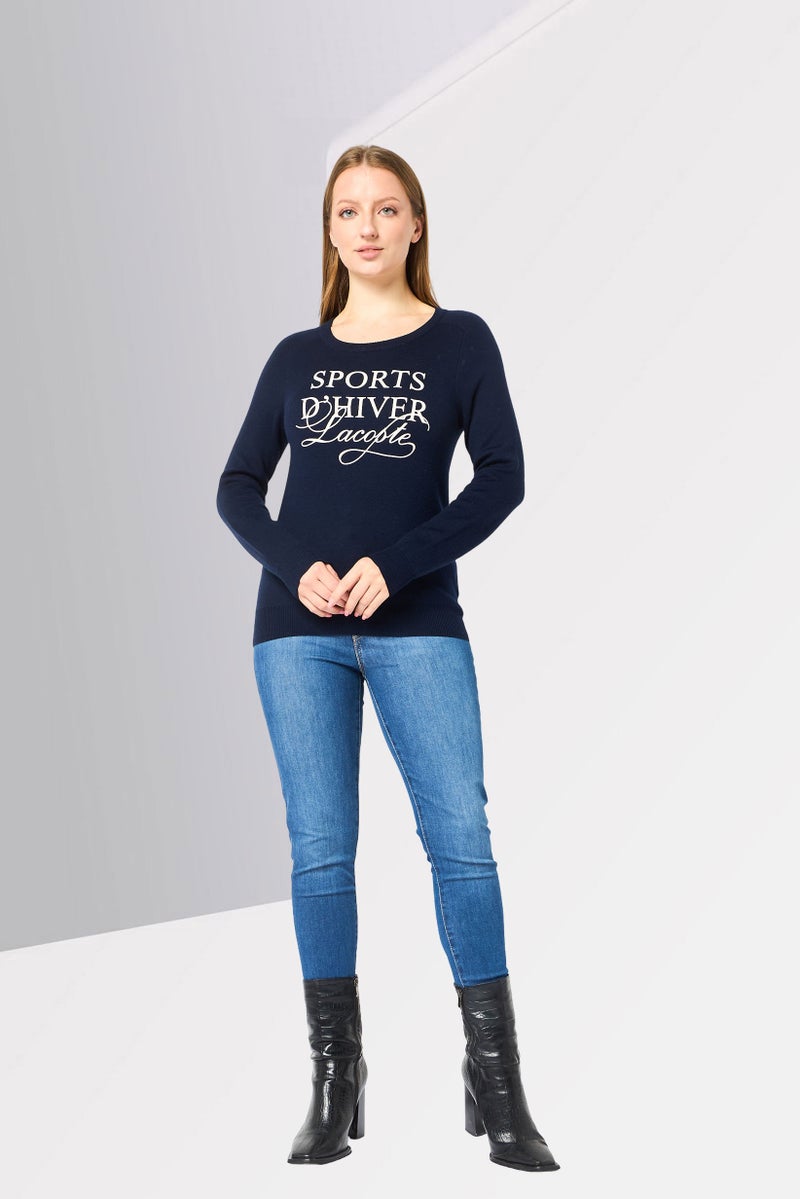 LACOSTE Women Crew Neck Graphic Print Sweater, Navy - Image 2