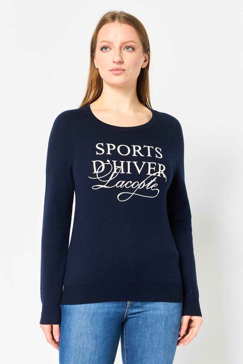 LACOSTE Women Crew Neck Graphic Print Sweater, Navy - Image 1
