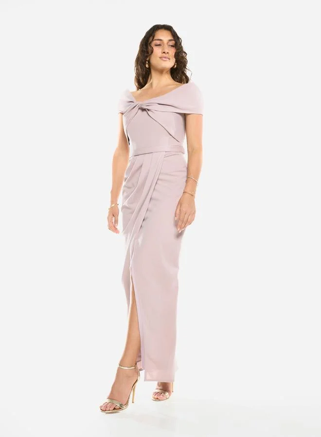 House of Moda Folded Collar Draped Wrap Gown Maxi Dress