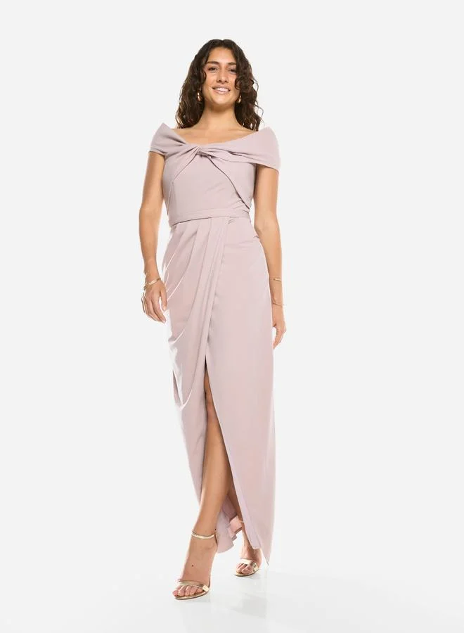 House of Moda Folded Collar Draped Wrap Gown Maxi Dress