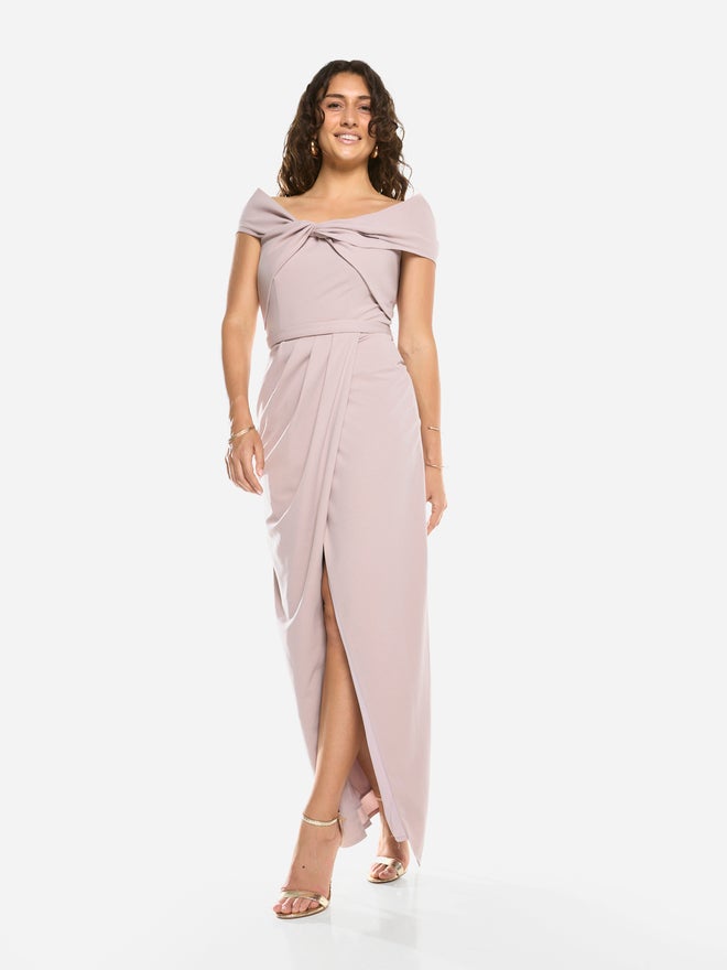 House of Moda Folded Collar Draped Wrap Gown Maxi Dress - Image 1