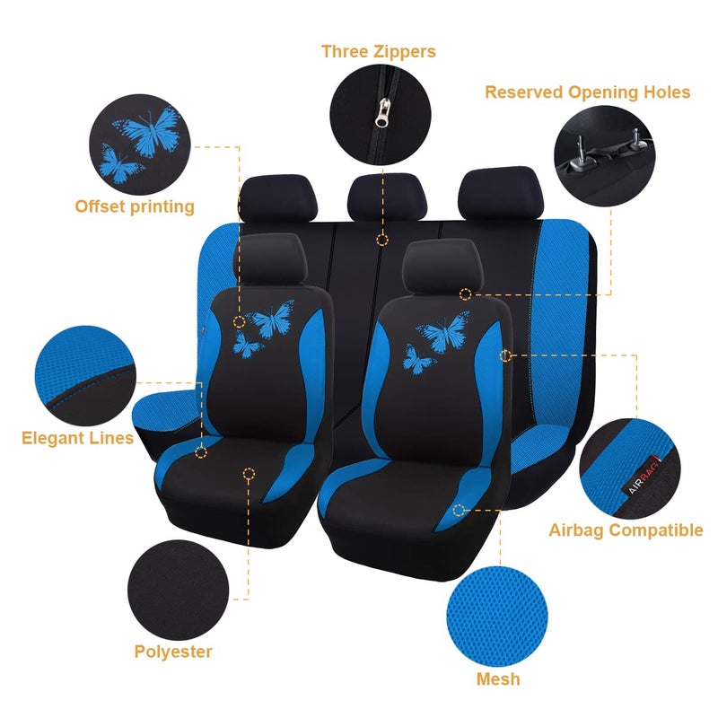 Flying Banner Butterfly car seat Covers ful Set Fashion Universal Lady Woman Female Rear Bench Split Colorized (Full Set, Blue) - Image 2