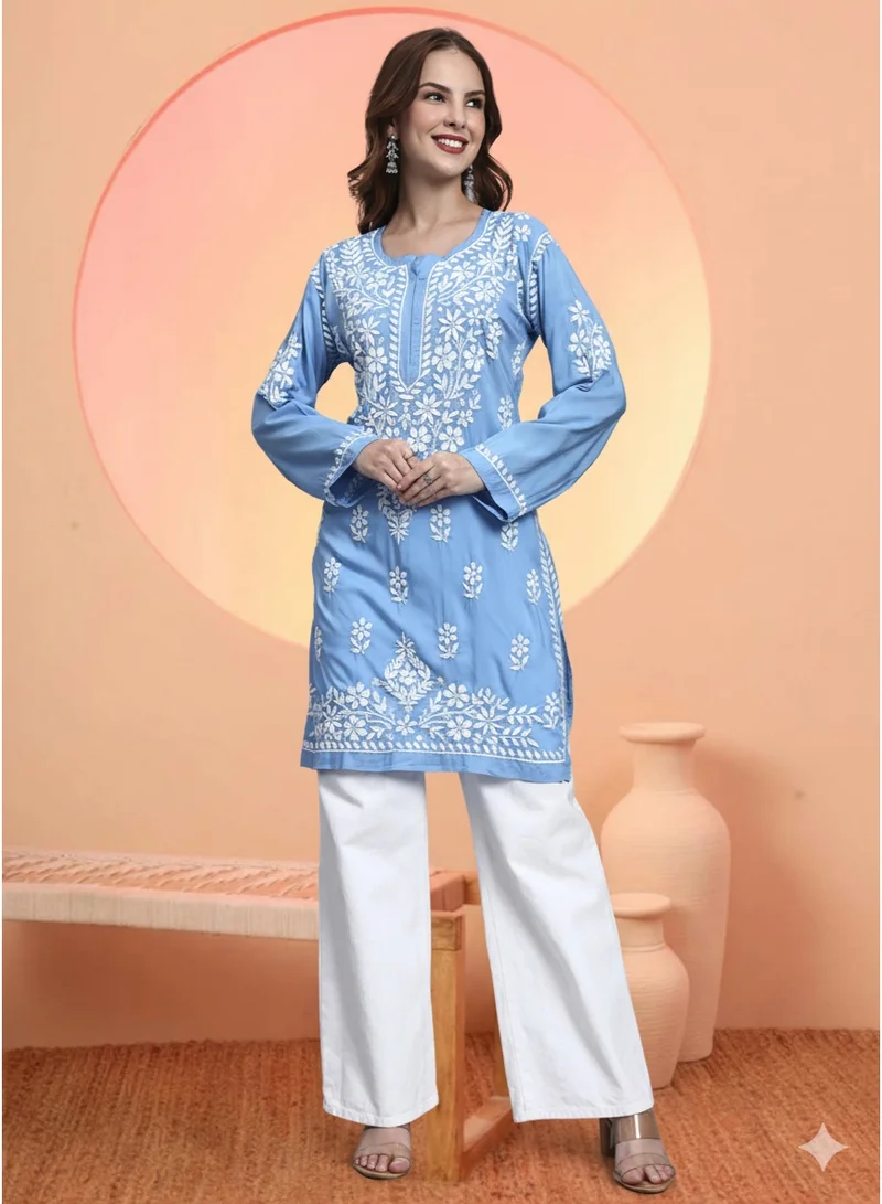 Alaya Blue Women Hand Embroidered Chikankari Modal Kurti -AL3702 for Women | Best Price UAE