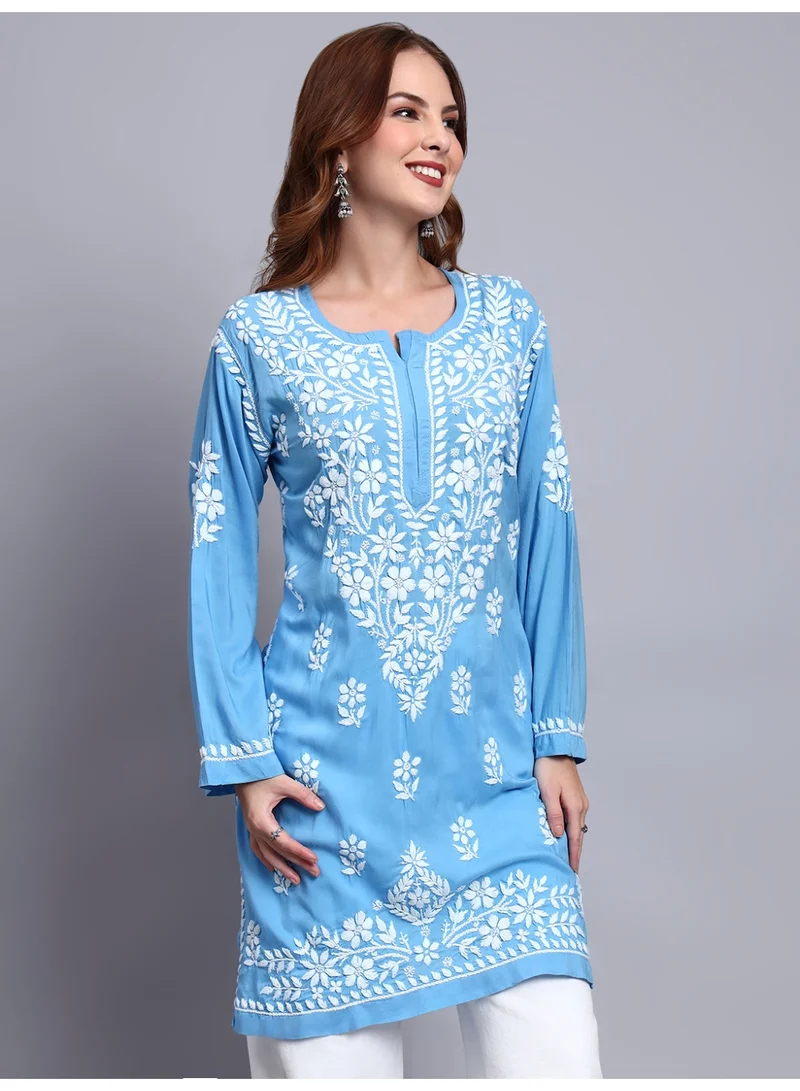 Alaya Blue Women Hand Embroidered Chikankari Modal Kurti -AL3702 for Women | Best Price UAE