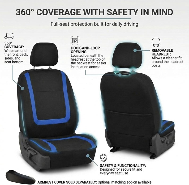 FH Group Car Seat Covers Full Set Cloth - Universal Fit Automotive Seat Covers, Low Back Front Seat Covers, Solid Back Seat Cover, Washable Car Seat Cover for SUV, Sedan and Van Blue - Image 4