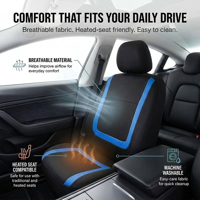FH Group Car Seat Covers Full Set Cloth - Universal Fit Automotive Seat Covers, Low Back Front Seat Covers, Solid Back Seat Cover, Washable Car Seat Cover for SUV, Sedan and Van Blue - Image 3