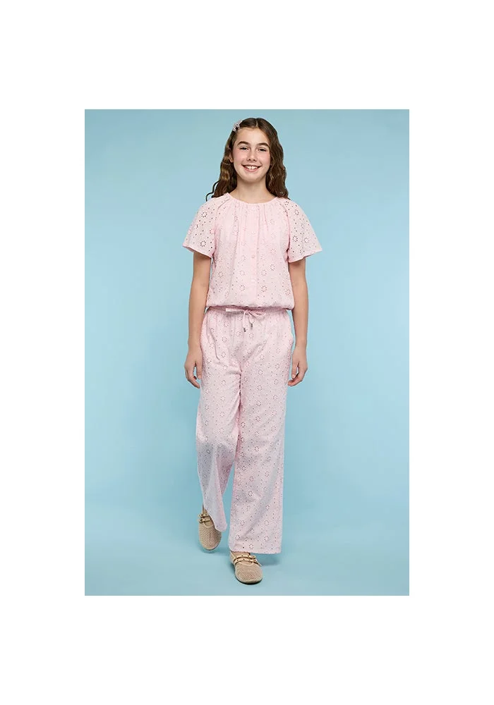 أر أند بي Schiffli Top with Round Neck and Short Sleeves
