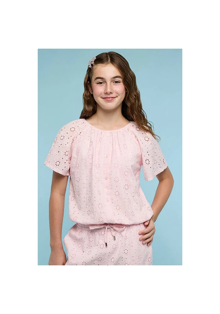 أر أند بي Schiffli Top with Round Neck and Short Sleeves