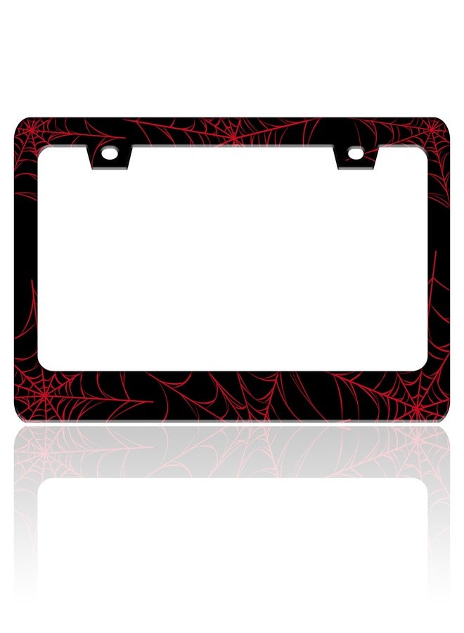 TINALUIN Red Spider Web License Plate Frame Funny Cobweb Stainless Steel License Plate Holder for Front and Rear Car Tags for Car Decoration Accessories with Screws 6.3 X 12.2 in for Women Men - Image 1