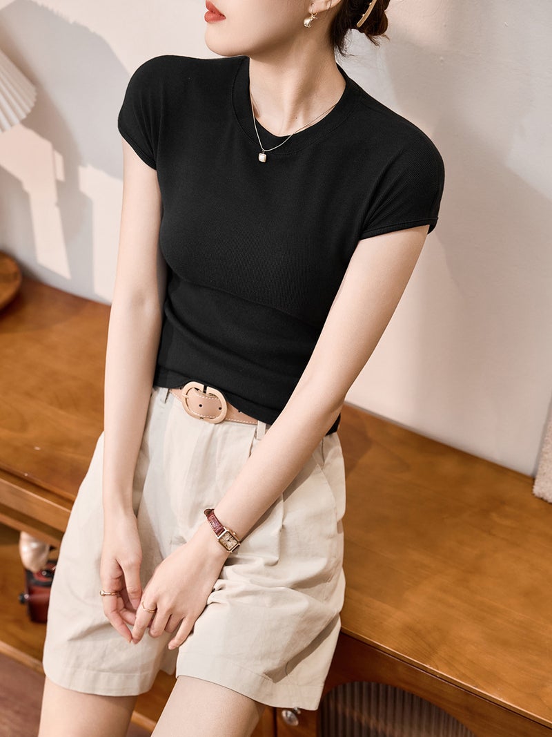 # 260G Ecocos Uses Good Materials To Ensure Quality # French-Style Short-Sleeved Women'S Summer T-Shirt With Slim Fit And Round Neck Top - Image 3