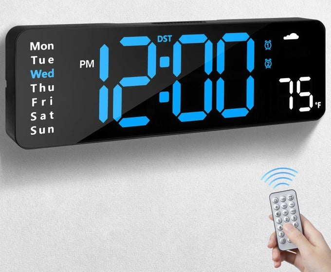 DIGITAL WALL CLOCK WITH REMOTE CONTROL LARGE DISPLAY PLUG IN LED DIGITAL ALARM CLOCKS WITH 1224HR DATE WEEK DST TIMING COUNTDOWN TEMPERATURE FOR LIVING ROOM BEDROOM OFFICE WALL DECOR BLUE