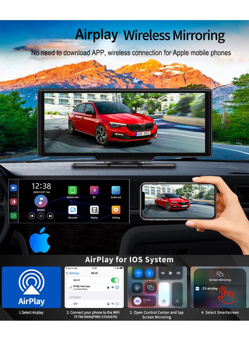 مي فازا - CarPlay اللاسلكي مع شاشة 10.26 بوصة - كاميرا داش بعدسة مزدوجة 4K - يدعم Apple CarPlay وAndroid Auto - النسخ المتطابق اللاسلكي - 5G WiFi، Bluetooth، FM - محول السيارة - بطاقة TF سعة 64 جيجابايت - Image 1