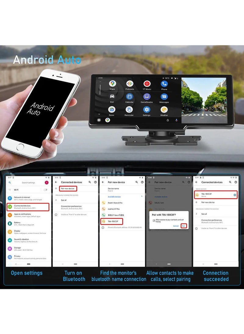 مي فازا - CarPlay اللاسلكي مع شاشة 10.26 بوصة - كاميرا داش بعدسة مزدوجة 4K - يدعم Apple CarPlay وAndroid Auto - النسخ المتطابق اللاسلكي - 5G WiFi، Bluetooth، FM - محول السيارة - بطاقة TF سعة 64 جيجابايت - Image 1