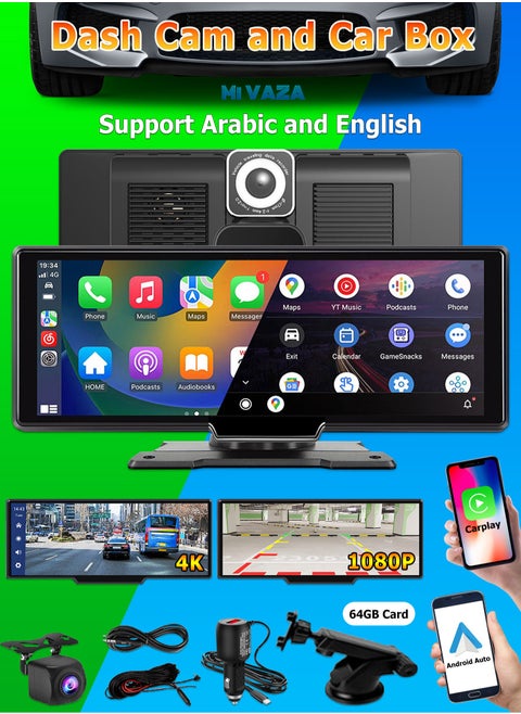Wireless CarPlay with 10.26 Inch Screen - 4K Dual Lens Dash Cam - Supports Apple CarPlay and Android Auto - Wireless Mirroring - 5G WiFi, Bluetooth, FM - Car Portable Console Adapter - 64GB TF Card