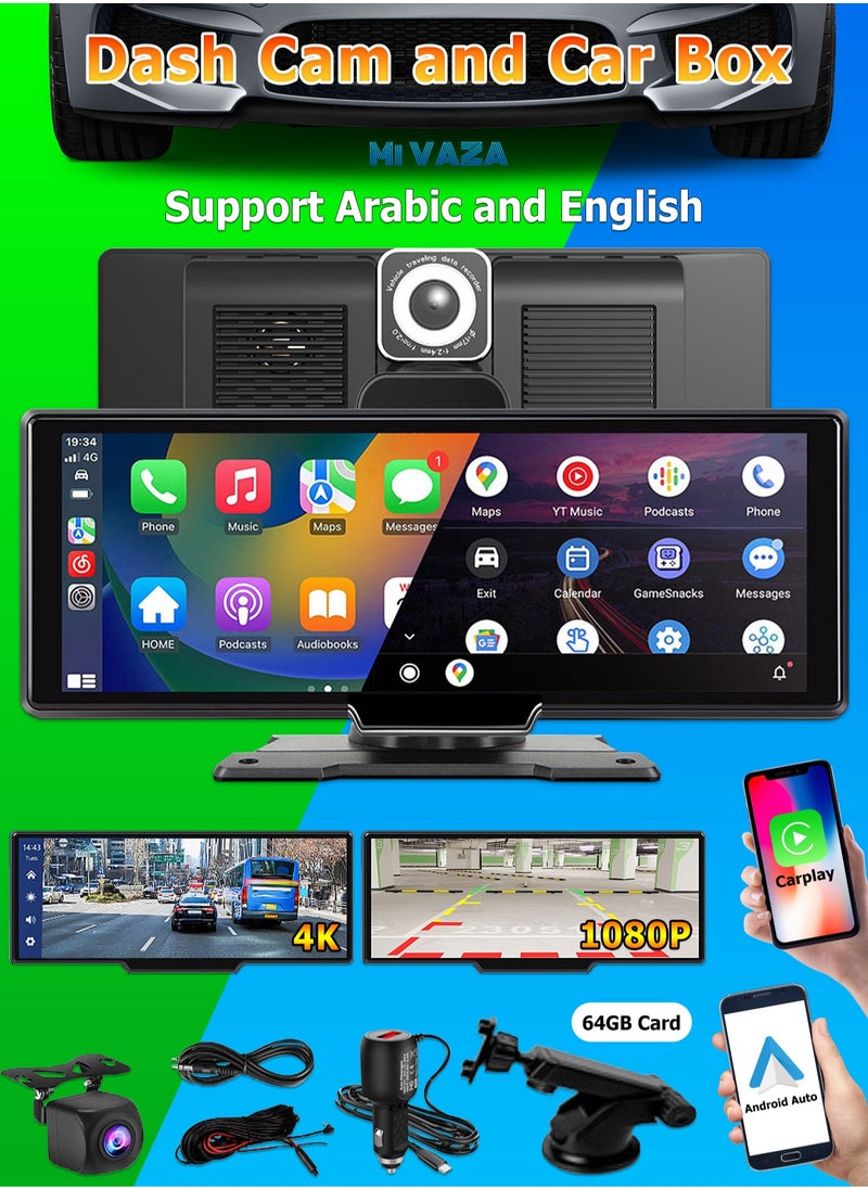 مي فازا - CarPlay اللاسلكي مع شاشة 10.26 بوصة - كاميرا داش بعدسة مزدوجة 4K - يدعم Apple CarPlay وAndroid Auto - النسخ المتطابق اللاسلكي - 5G WiFi، Bluetooth، FM - محول السيارة - بطاقة TF سعة 64 جيجابايت - Image 1