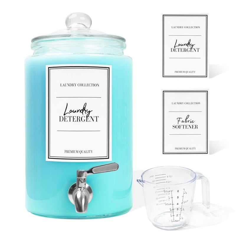 Large 1 Gallon Laundry Liquid Detergent Dispenser with Spigots and Measuring Cups, 4L Laundry Soap Holder Organizer for Fabric Softener, Soap, Glass Containers for Room Organization Storage (1 Pack) - Image 1