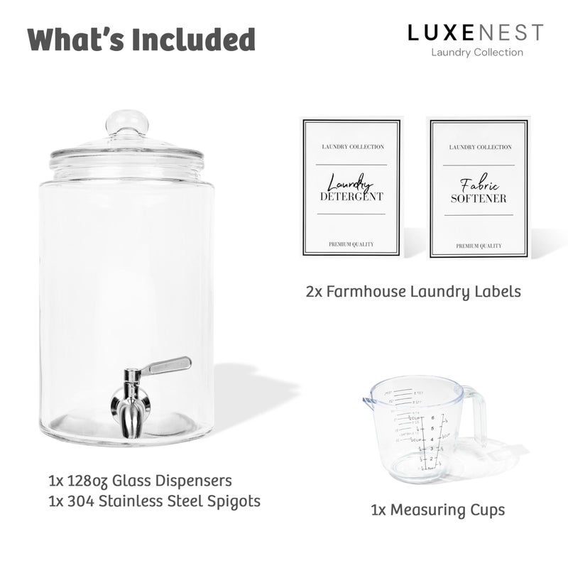 Large 1 Gallon Laundry Liquid Detergent Dispenser with Spigots and Measuring Cups, 4L Laundry Soap Holder Organizer for Fabric Softener, Soap, Glass Containers for Room Organization Storage (1 Pack) - Image 4
