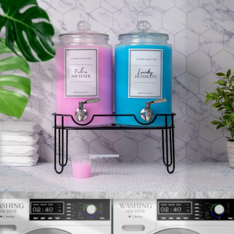 Large 1 Gallon Laundry Liquid Detergent Dispenser with Spigots and Measuring Cups, 4L Laundry Soap Holder Organizer for Fabric Softener, Soap, Glass Containers for Room Organization Storage (1 Pack) - Image 3