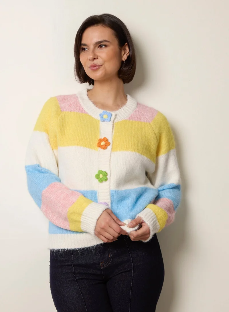 بلو فانيلا Multi Coloured Striped Cardigan With Flower Buttons