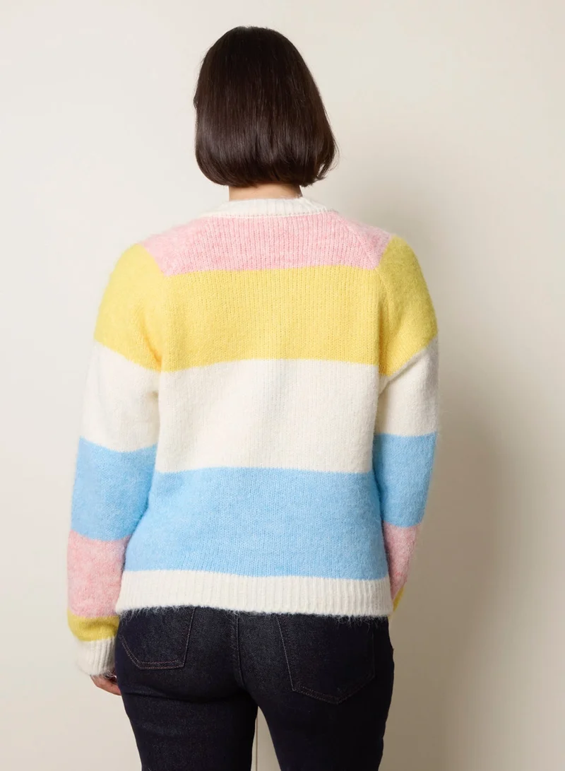 بلو فانيلا Multi Coloured Striped Cardigan With Flower Buttons