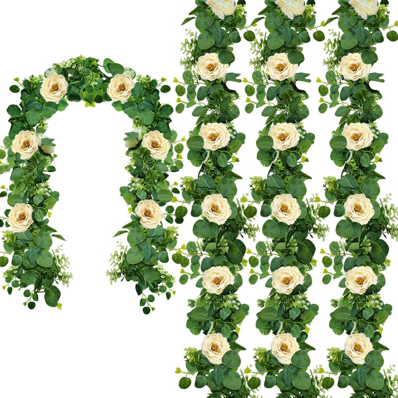 Autokcan 4 Packs 24FT Artificial Eucalyptus Flower Garland with White Camellias, Faux Greenery Garland Wedding Decor Fake Flower Rose Hanging Vine for Home Yard Table Party Decor - Image 1