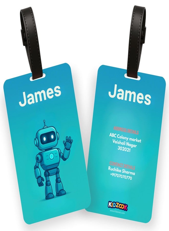 Kidzook Personalized Name Bag Tag | Custom Luggage Tag for Kids & Adults - PVC Luggage Tag for Travel, School, Office, Camping | Robo Theme Design with Silicone Strap (Pack of 1) - Image 1