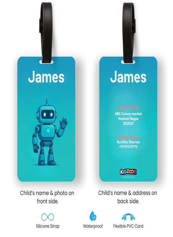 Kidzook Personalized Name Bag Tag | Custom Luggage Tag for Kids & Adults - PVC Luggage Tag for Travel, School, Office, Camping | Robo Theme Design with Silicone Strap (Pack of 1) - Image 4