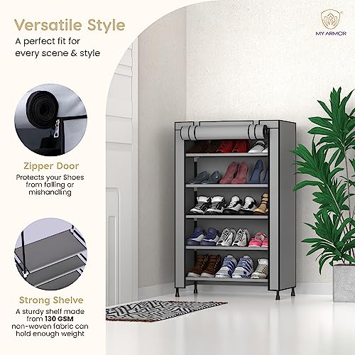 MY ARMOR Multipurpose 5-Tiers Shoe Rack with Dustproof Zip Cover, Storage Rack made by Non Woven Fabric and Plastic Components for footwear, Toys, clothes - 5 Shelves, Grey - Image 4