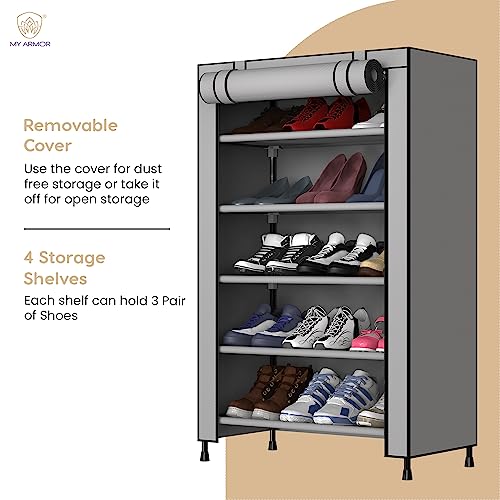 MY ARMOR Multipurpose 5-Tiers Shoe Rack with Dustproof Zip Cover, Storage Rack made by Non Woven Fabric and Plastic Components for footwear, Toys, clothes - 5 Shelves, Grey - Image 5