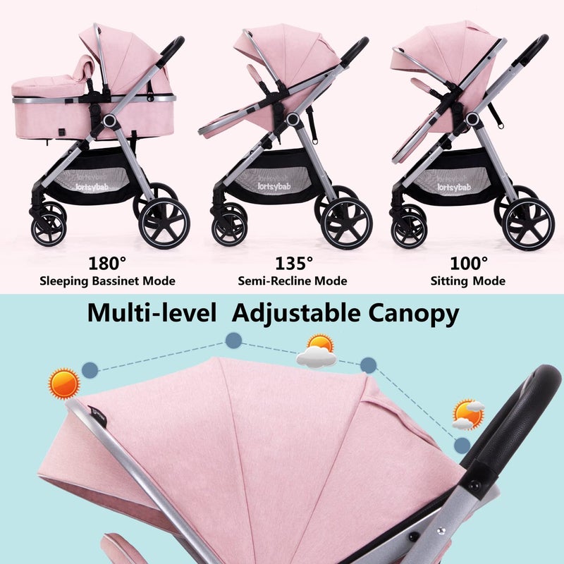 Lortsybab 2-in-1 Baby Stroller - Folding Infant Newborn Pram Stroller with Reversible Seat - Toddler Strollers for 0-36 Months Old Babies (Pink) - Image 2