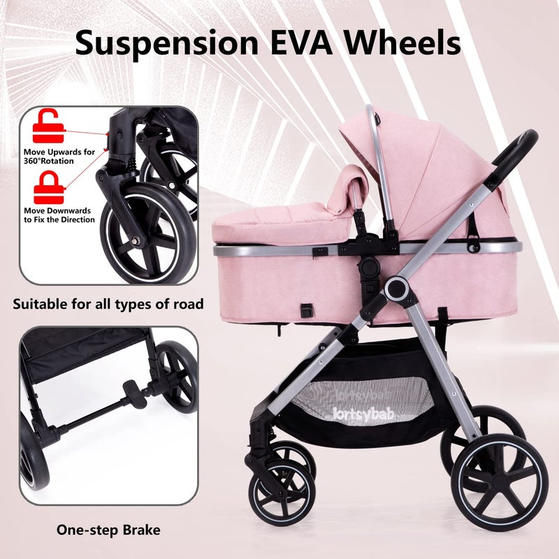 Lortsybab 2-in-1 Baby Stroller - Folding Infant Newborn Pram Stroller with Reversible Seat - Toddler Strollers for 0-36 Months Old Babies (Pink) - Image 5