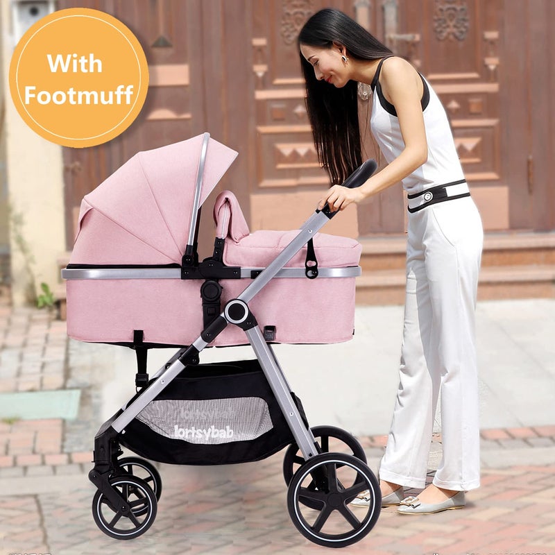 Lortsybab 2-in-1 Baby Stroller - Folding Infant Newborn Pram Stroller with Reversible Seat - Toddler Strollers for 0-36 Months Old Babies (Pink) - Image 4