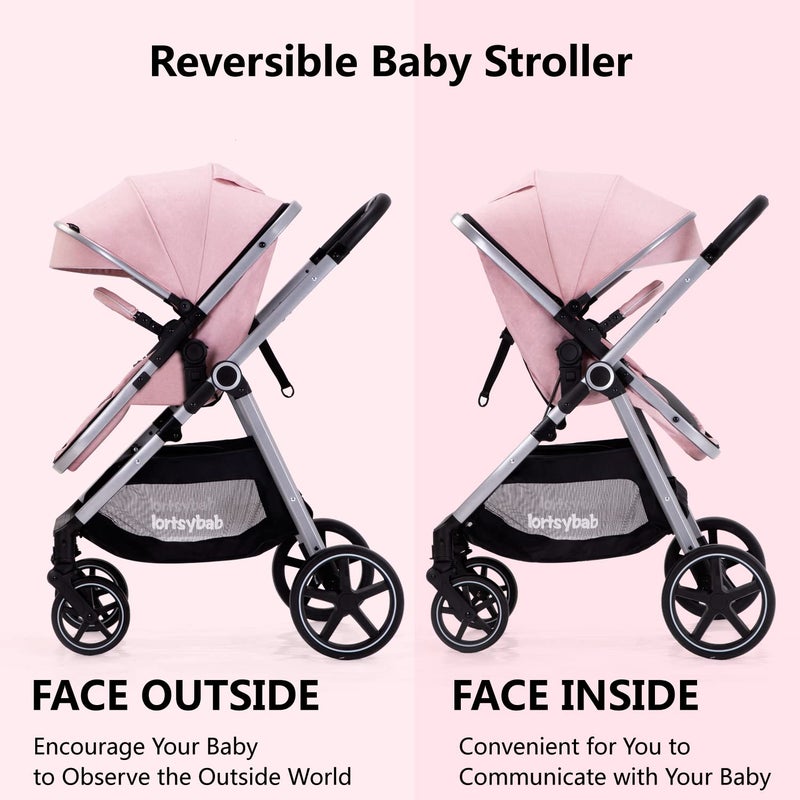 Lortsybab 2-in-1 Baby Stroller - Folding Infant Newborn Pram Stroller with Reversible Seat - Toddler Strollers for 0-36 Months Old Babies (Pink) - Image 3