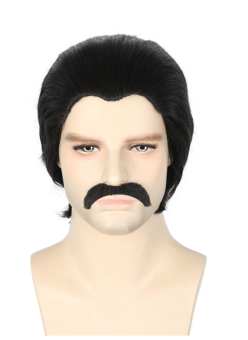 Topcosplay Topcosplay Men's Wigs Black Short Cosplay Halloween Costume Party Wigs Slicked-back Wig with Mustache 